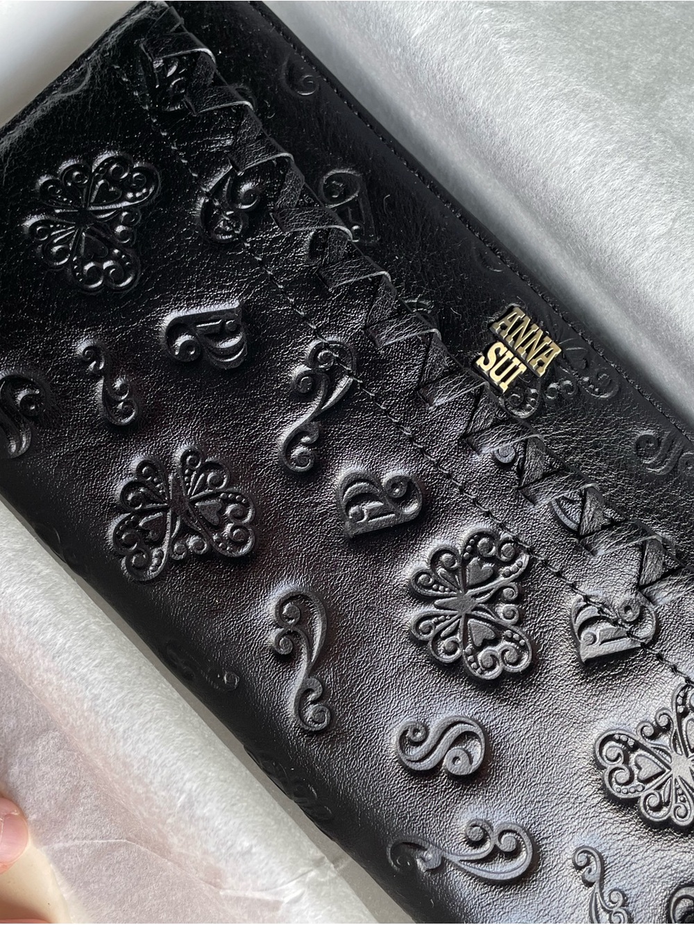 Anna Sui Black Embossed Leather Zip Continental Wallet